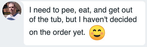 A screen shot of Clarks instant message. "I need to pee, eat, and get out of the tub, but I haven't decided on the order yet. 
