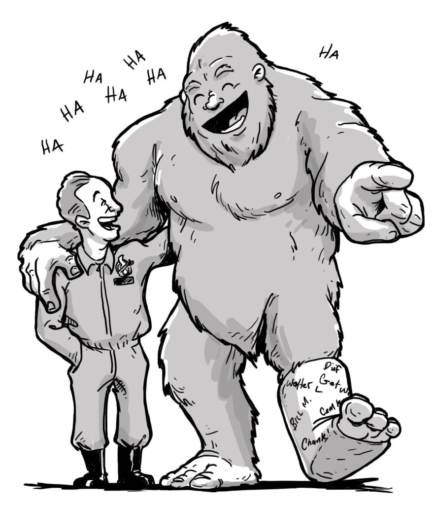 Drawing of Bill Murray in the classic Ghostbuster get up, hanging out with his elusive pal the Sasquatch, who has a broken big foot. 