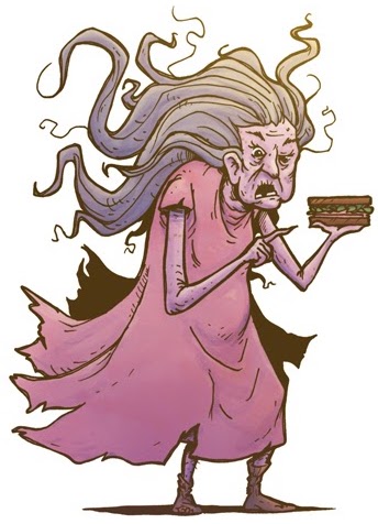 A amazing drawing of an old lady with a pastrami sandwich. 