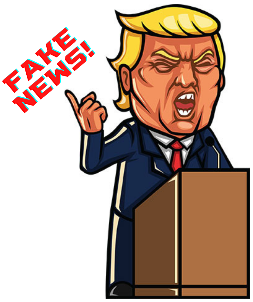Cartoon Donald Trump calling fake news. 